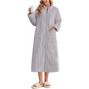 Ekouaer Zipper Robes for Women Long Fleece Warm Housecoat with Pockets(Light Gray)