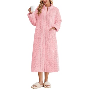 Ekouaer Zipper Robes for Women Long Fleece Warm Housecoat with Pockets(Light Pink)