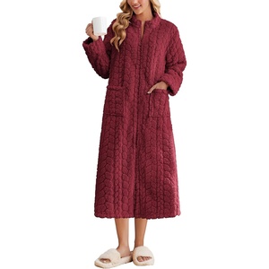 Ekouaer Zipper Robes for Women Long Fleece Warm Housecoat with Pockets(Wine Red)