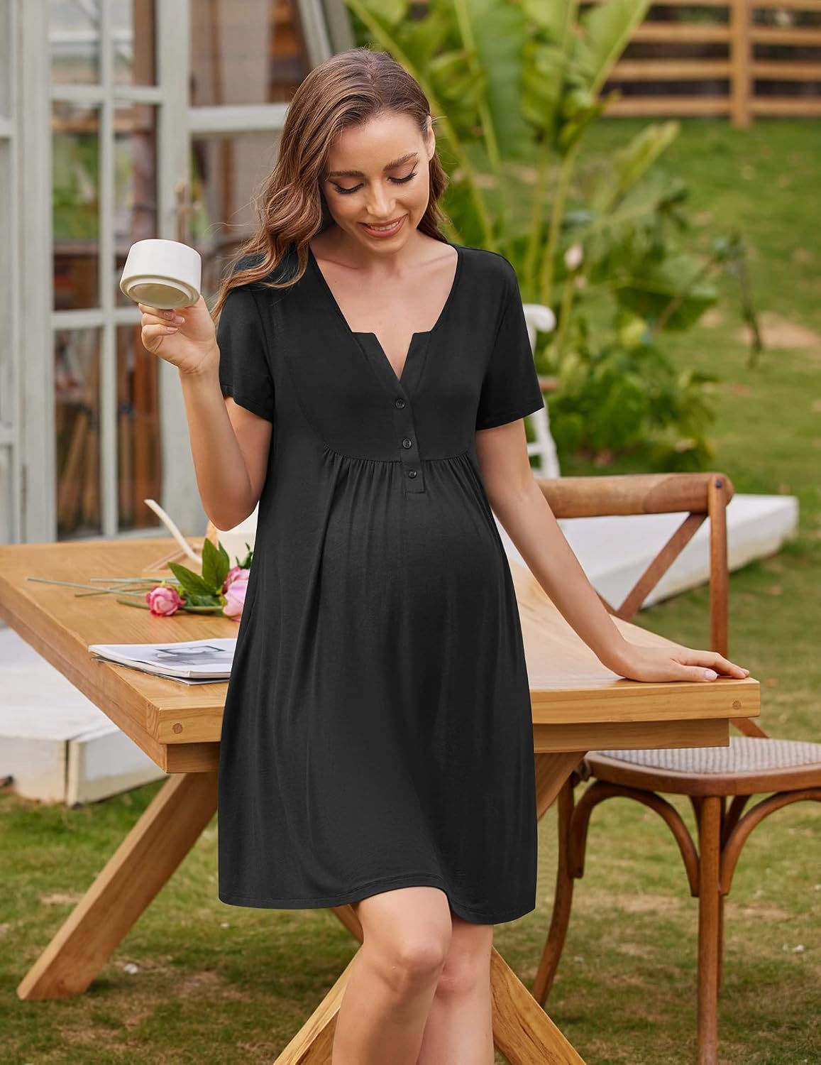 image:imageEkouaer Labor and Delivery Gown Maternity Nursing Nightgown BreastfeedingBlack