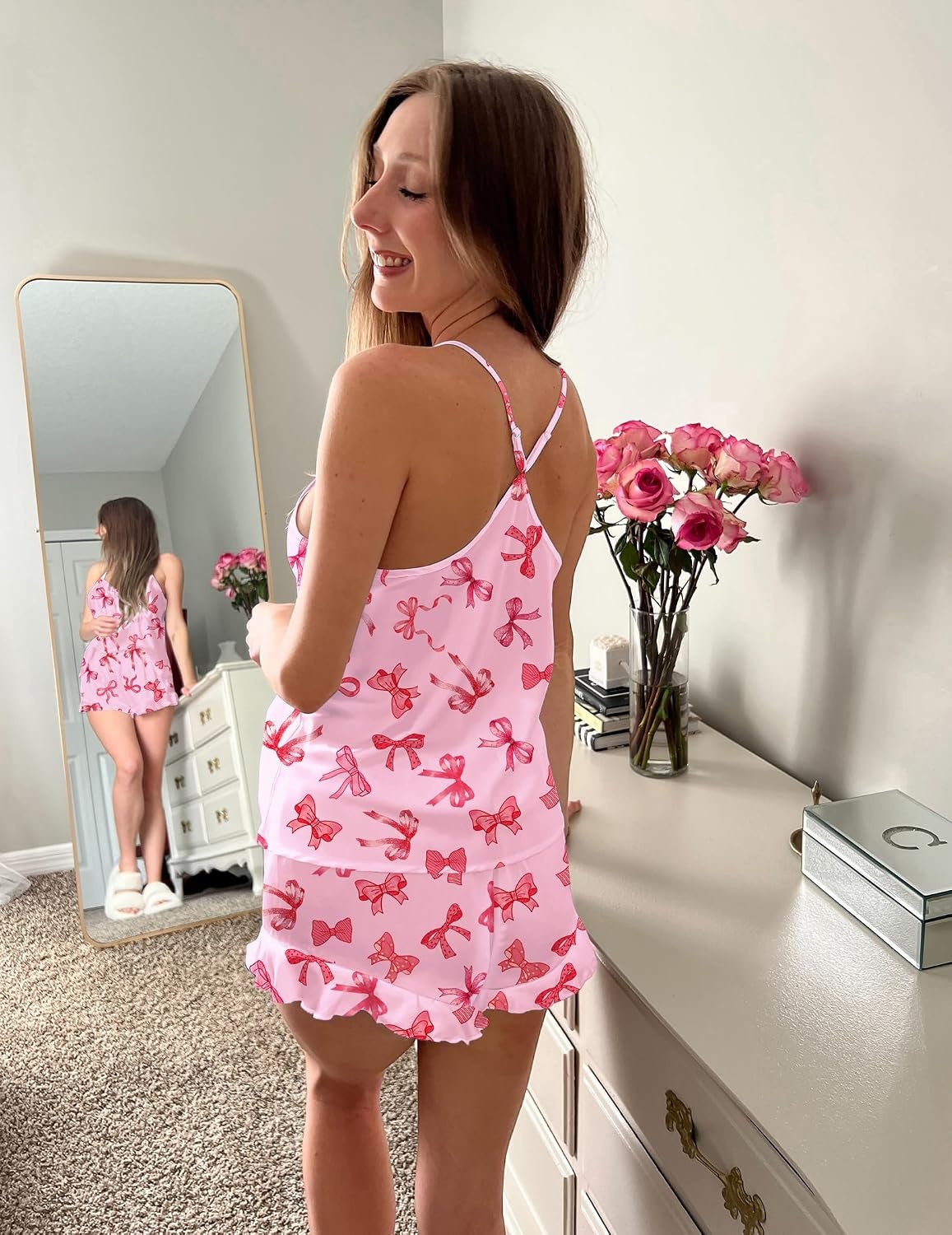 image:imageEkouaer Satin Pajama Set for Women Silk Pjs Sets Camisole Top and ShortsPink Bow Knot