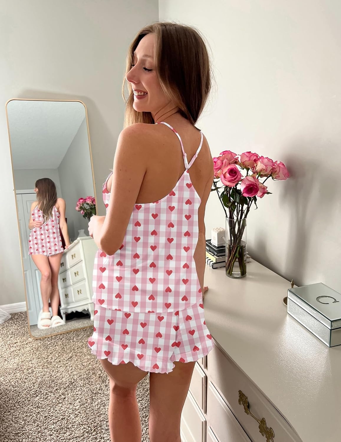 image:imageEkouaer Satin Pajama Set for Women Silk Pjs Sets Camisole Top and ShortsPink Plaid Heart