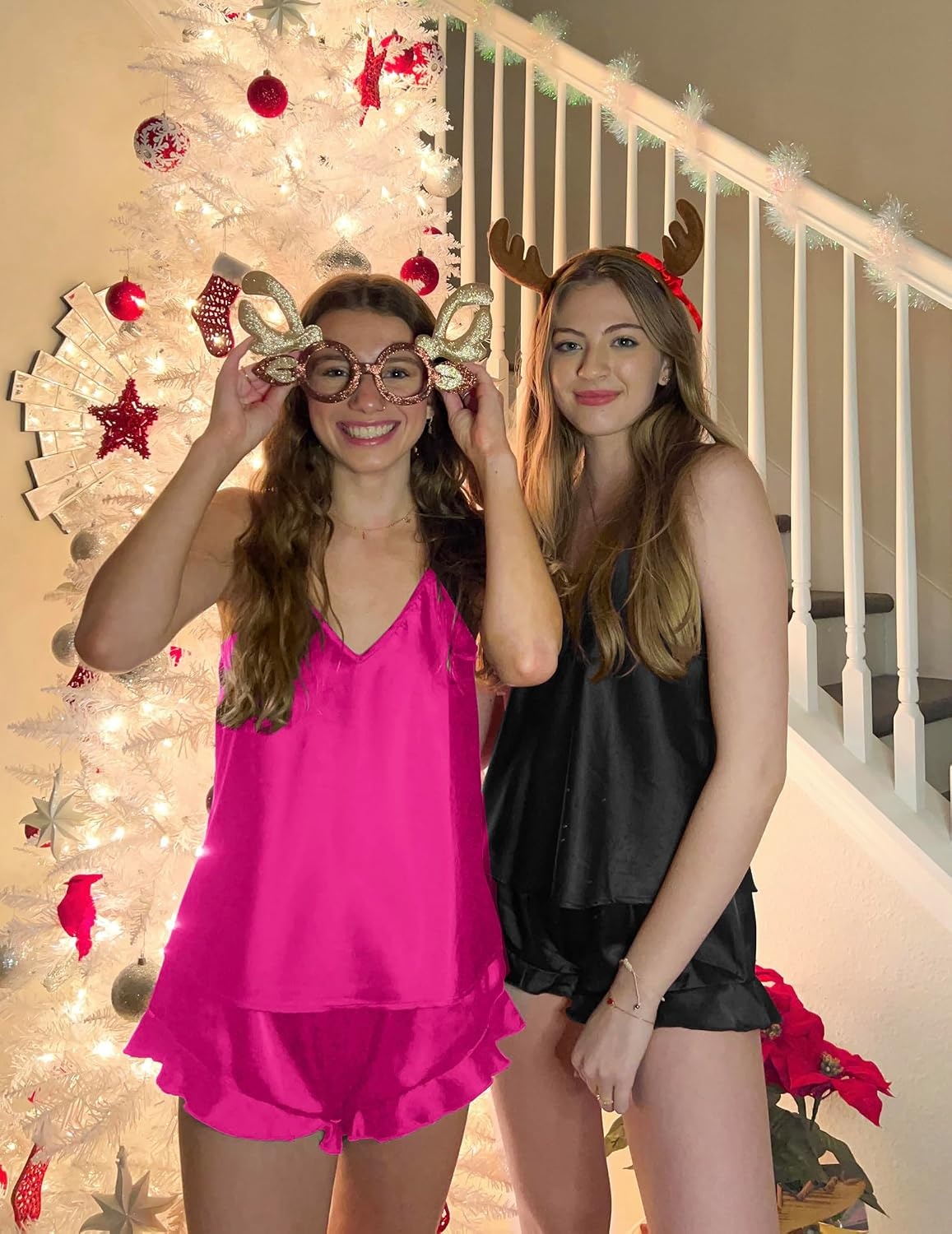 image:imageEkouaer Satin Pajama Set for Women Silk Pjs Sets Camisole Top and ShortsRose Red