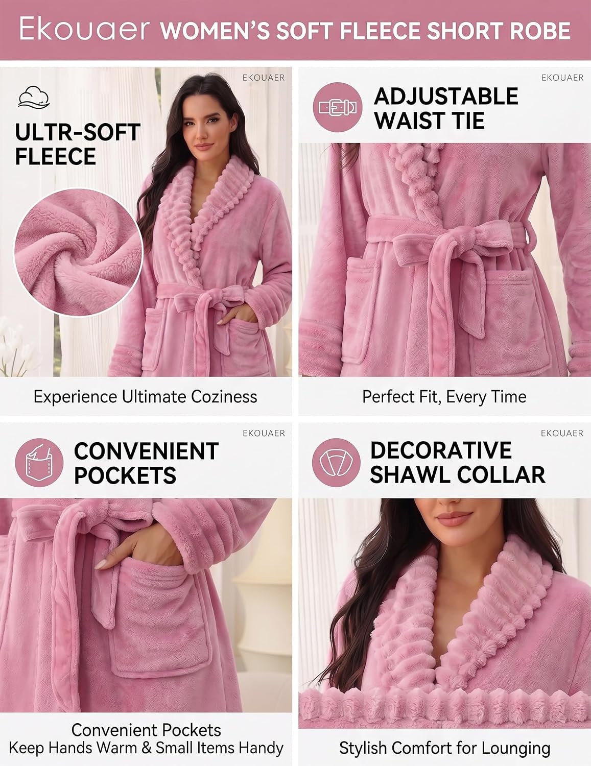 image:imageEkouaer Soft Robes for Women FluffyWarm Fleece RobeCozy Plush BathrobeA Pink