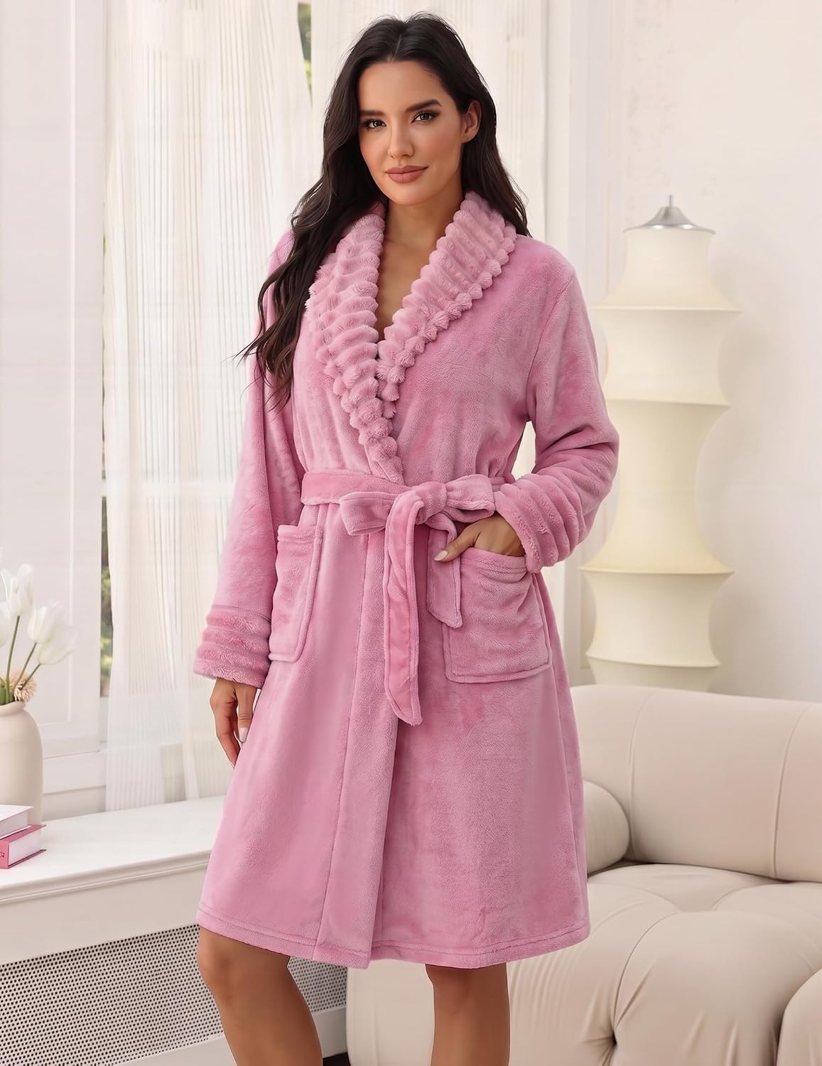 image:imageEkouaer Soft Robes for Women FluffyWarm Fleece RobeCozy Plush BathrobeA Pink