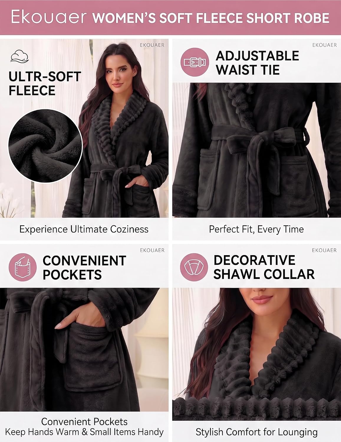 image:imageEkouaer Soft Robes for Women FluffyWarm Fleece RobeCozy Plush BathrobeBlack