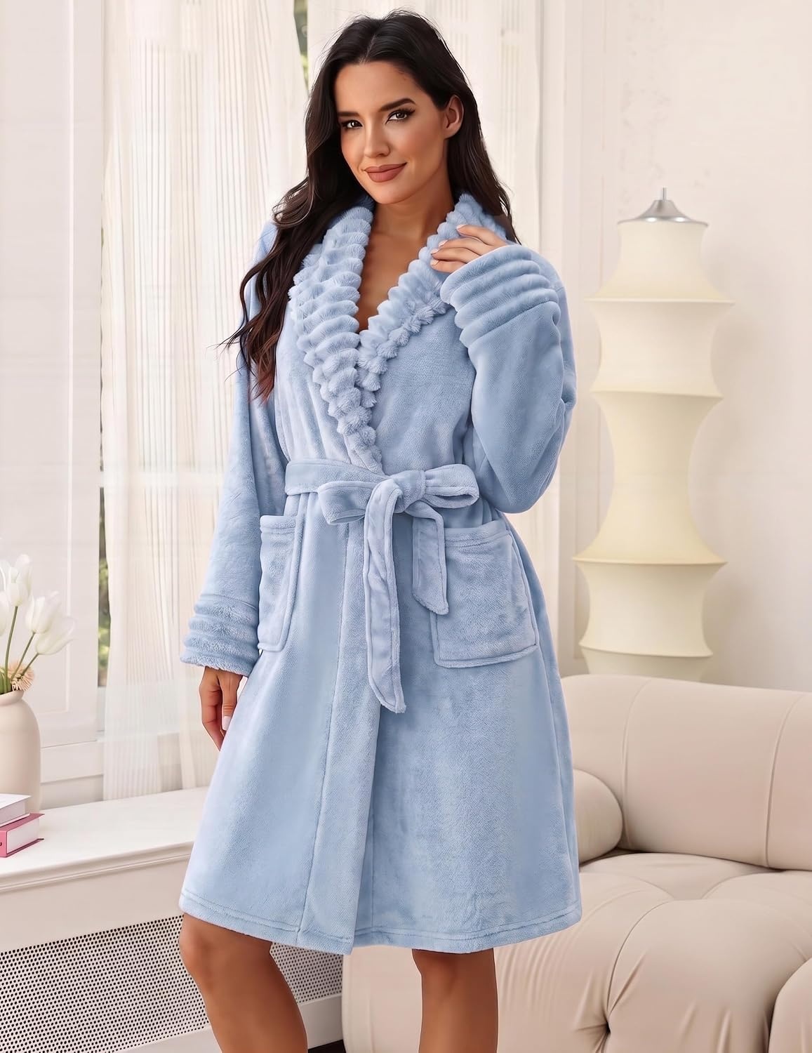 image:imageEkouaer Soft Robes for Women FluffyWarm Fleece RobeCozy Plush BathrobeLight Blue