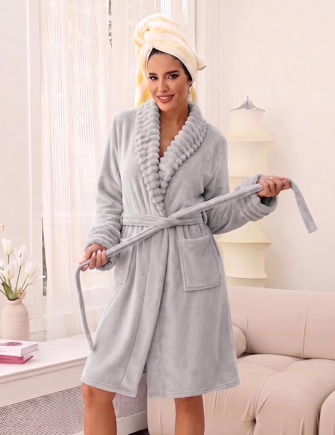 image:imageEkouaer Soft Robes for Women FluffyWarm Fleece RobeCozy Plush BathrobeLight Grey