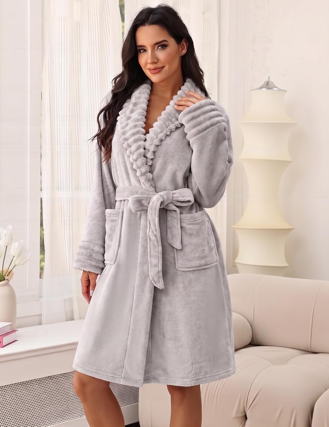 image:imageEkouaer Soft Robes for Women FluffyWarm Fleece RobeCozy Plush BathrobeLight Grey
