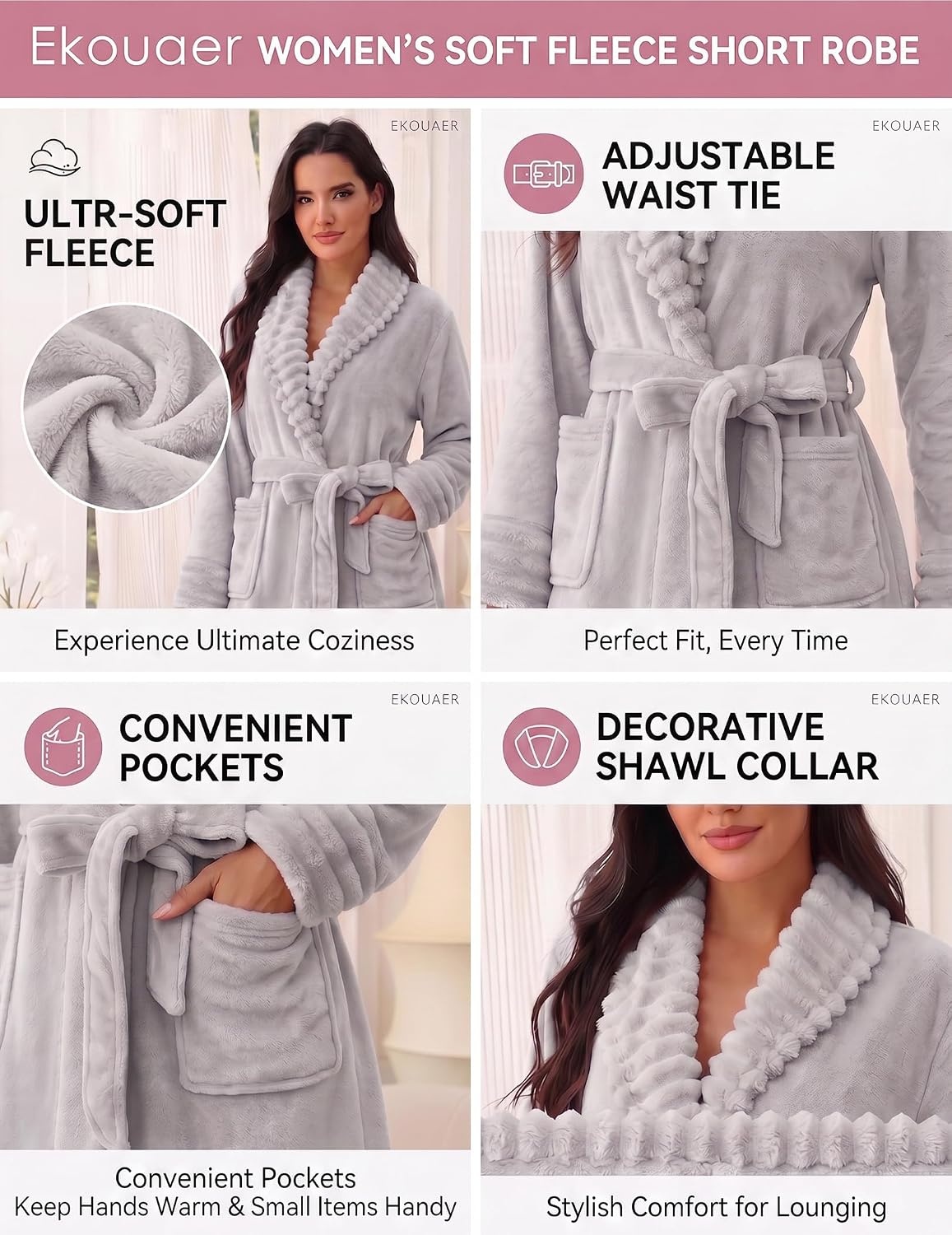 image:imageEkouaer Soft Robes for Women FluffyWarm Fleece RobeCozy Plush BathrobeLight Grey