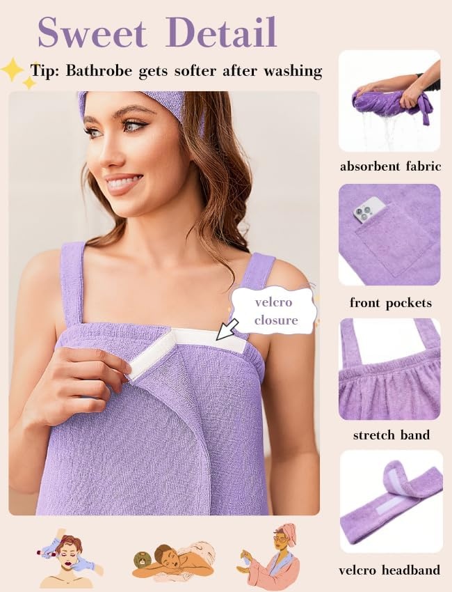 image:imageEkouaer Towel Robe for Women Short Spa Bath Wrap Towel Wrap Shower RobeLavender