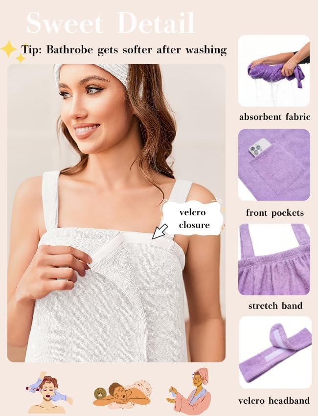 image:imageEkouaer Towel Robe for Women Short Spa Bath Wrap Towel Wrap Shower RobeWhite