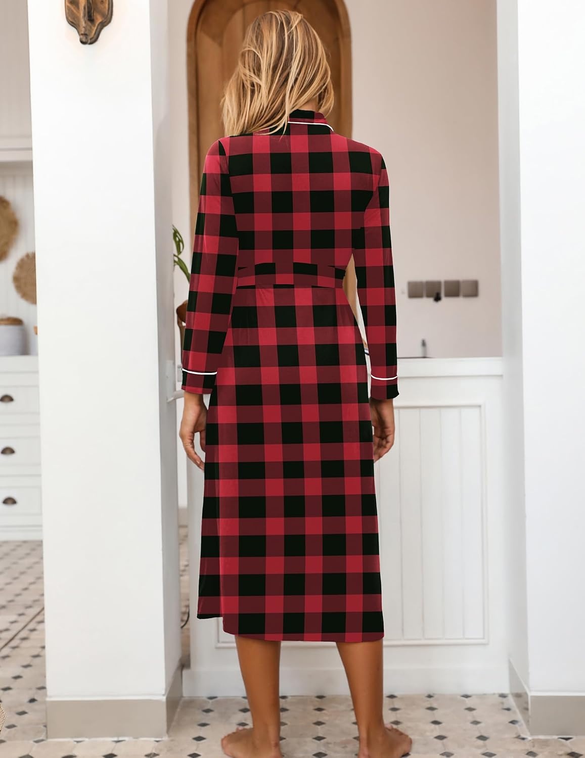 image:imageEkouaer Women Kimono Robes Full Length Knit Bathrobe Lightweight SleepwearBlack and Red Plaid