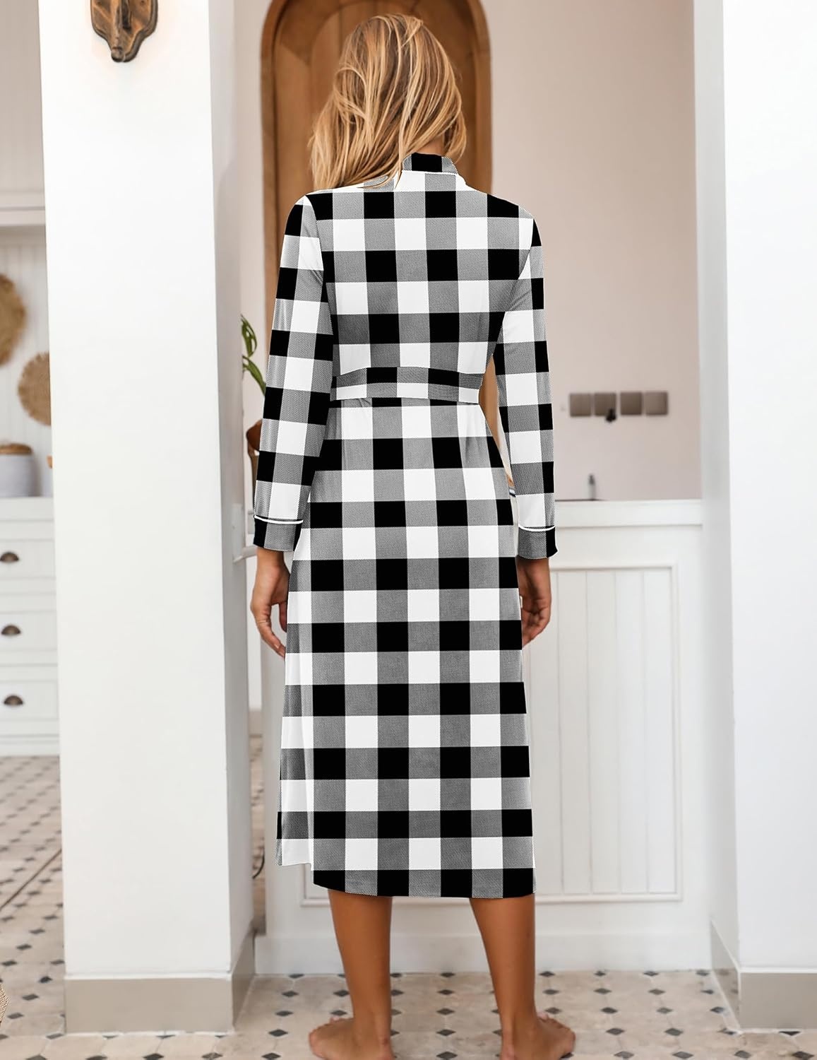 image:imageEkouaer Women Kimono Robes Full Length Knit Bathrobe Lightweight SleepwearBlack and White Plaid
