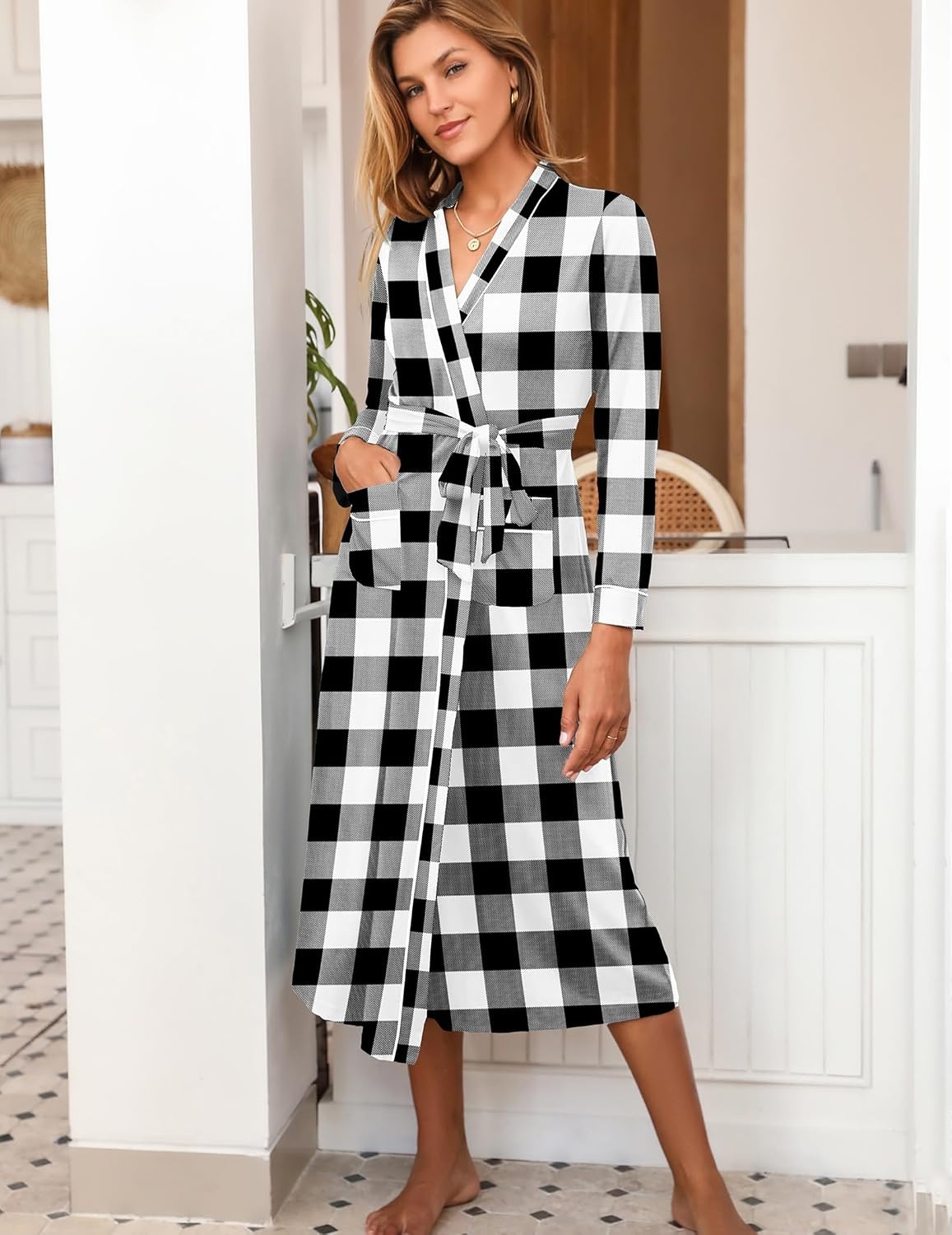 image:imageEkouaer Women Kimono Robes Full Length Knit Bathrobe Lightweight SleepwearBlack and White Plaid