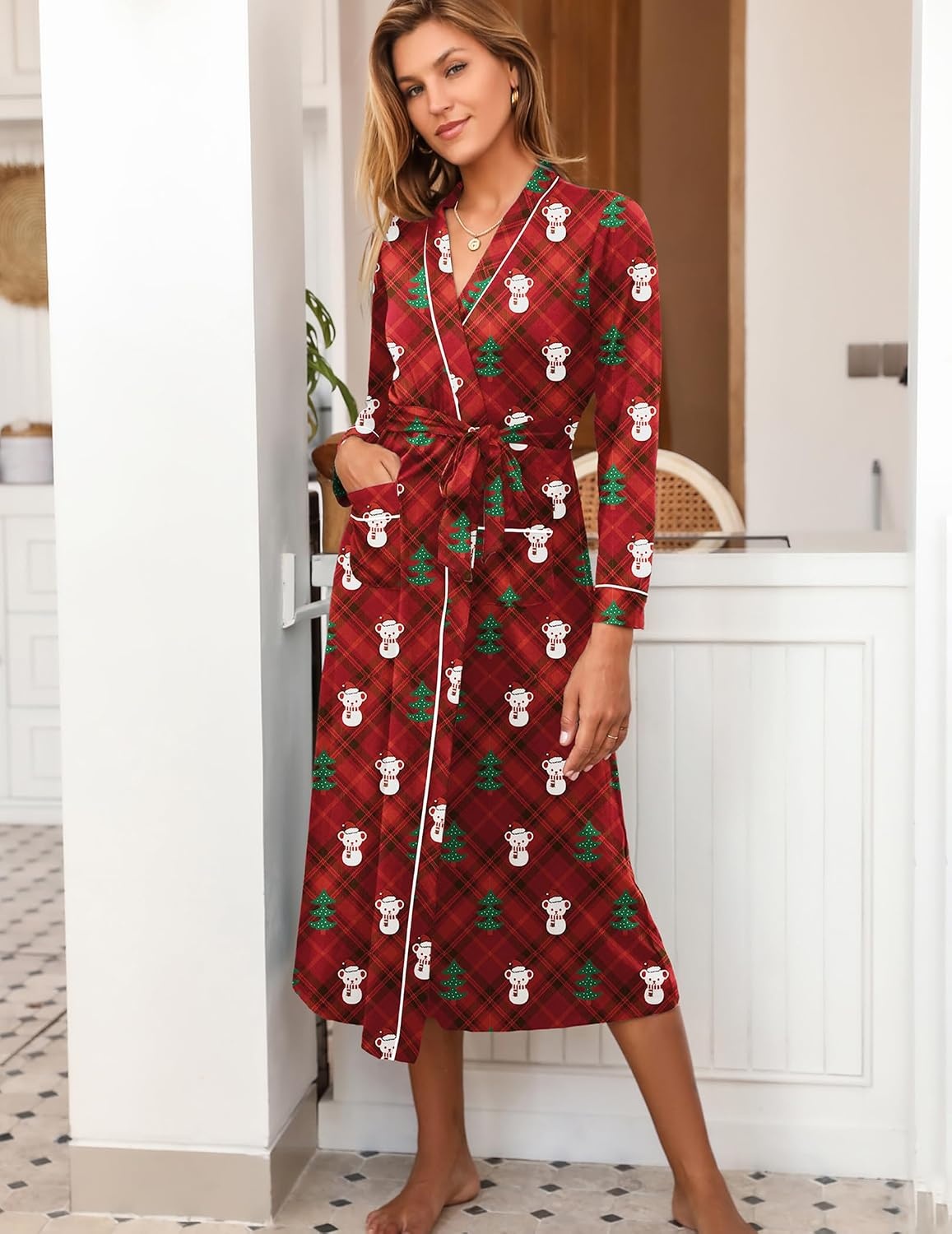 image:imageEkouaer Women Kimono Robes Full Length Knit Bathrobe Lightweight SleepwearChristmas Red Teddy Bear