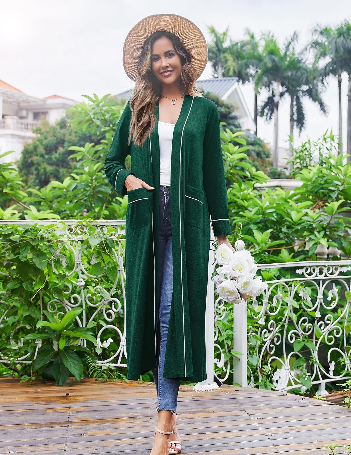 image:imageEkouaer Women Kimono Robes Full Length Knit Bathrobe Lightweight SleepwearDark Green