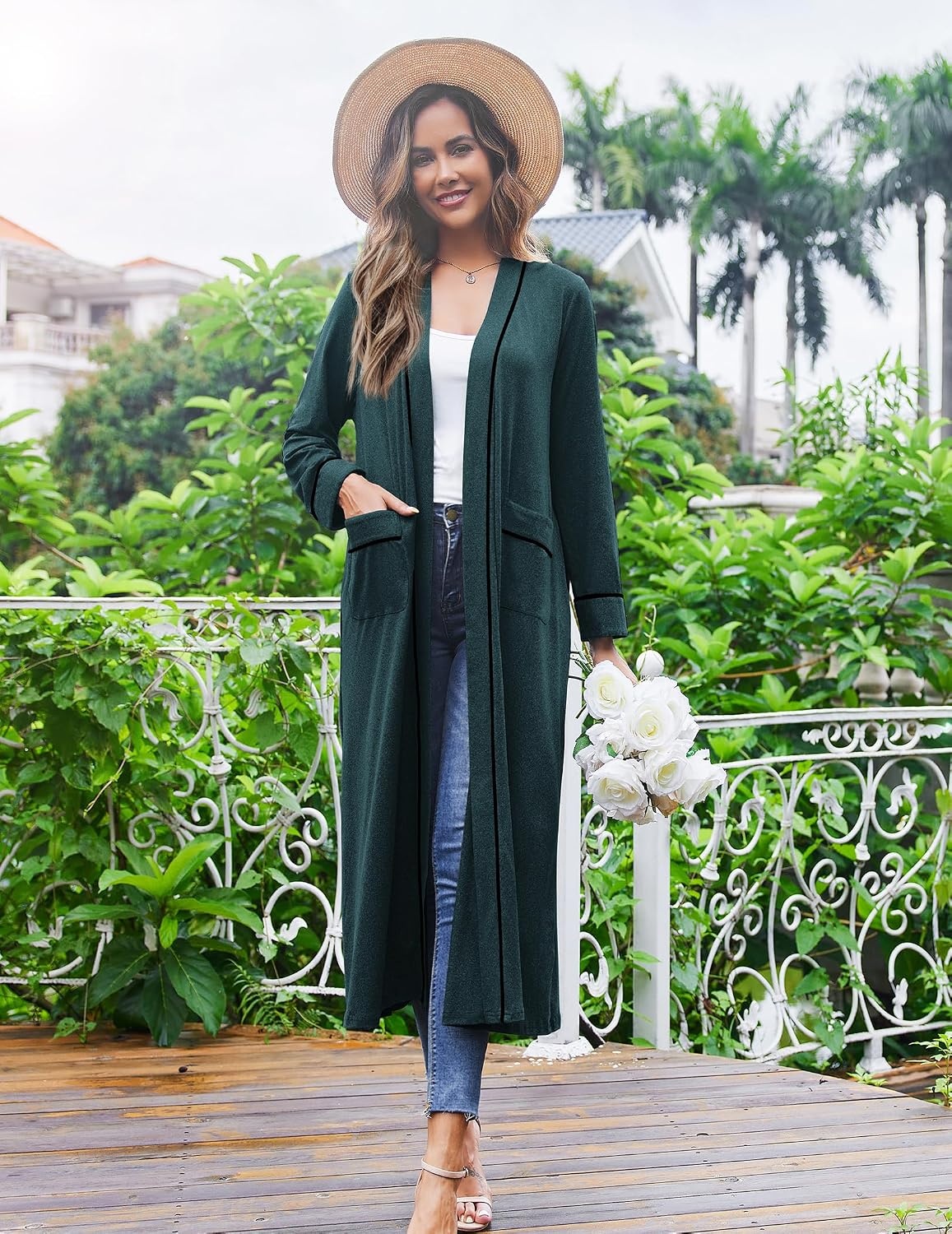 image:imageEkouaer Women Kimono Robes Full Length Knit Bathrobe Lightweight SleepwearDeep Green