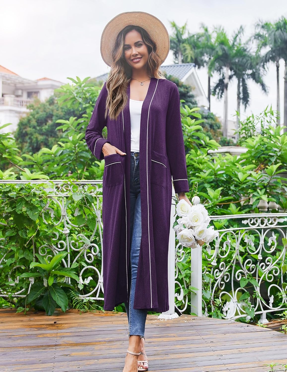 image:imageEkouaer Women Kimono Robes Full Length Knit Bathrobe Lightweight SleepwearDeep Purple