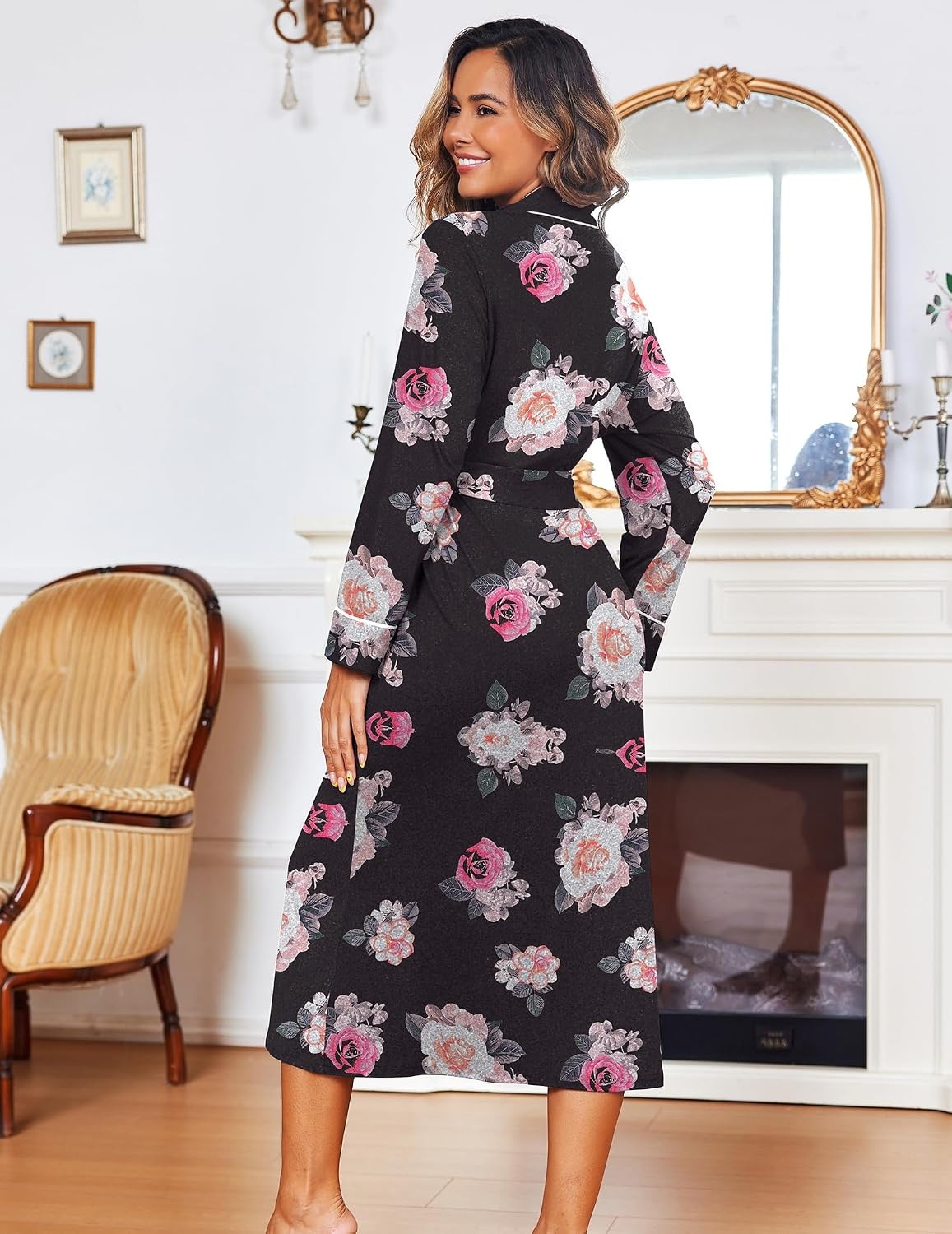image:imageEkouaer Women Kimono Robes Full Length Knit Bathrobe Lightweight SleepwearFloral Black