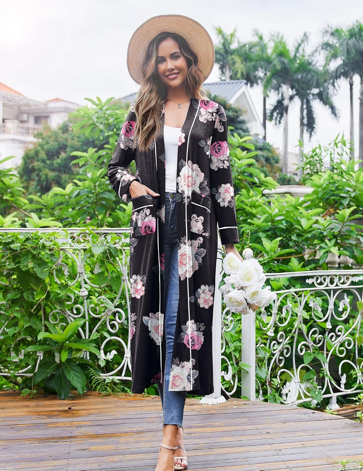 image:imageEkouaer Women Kimono Robes Full Length Knit Bathrobe Lightweight SleepwearFloral Black