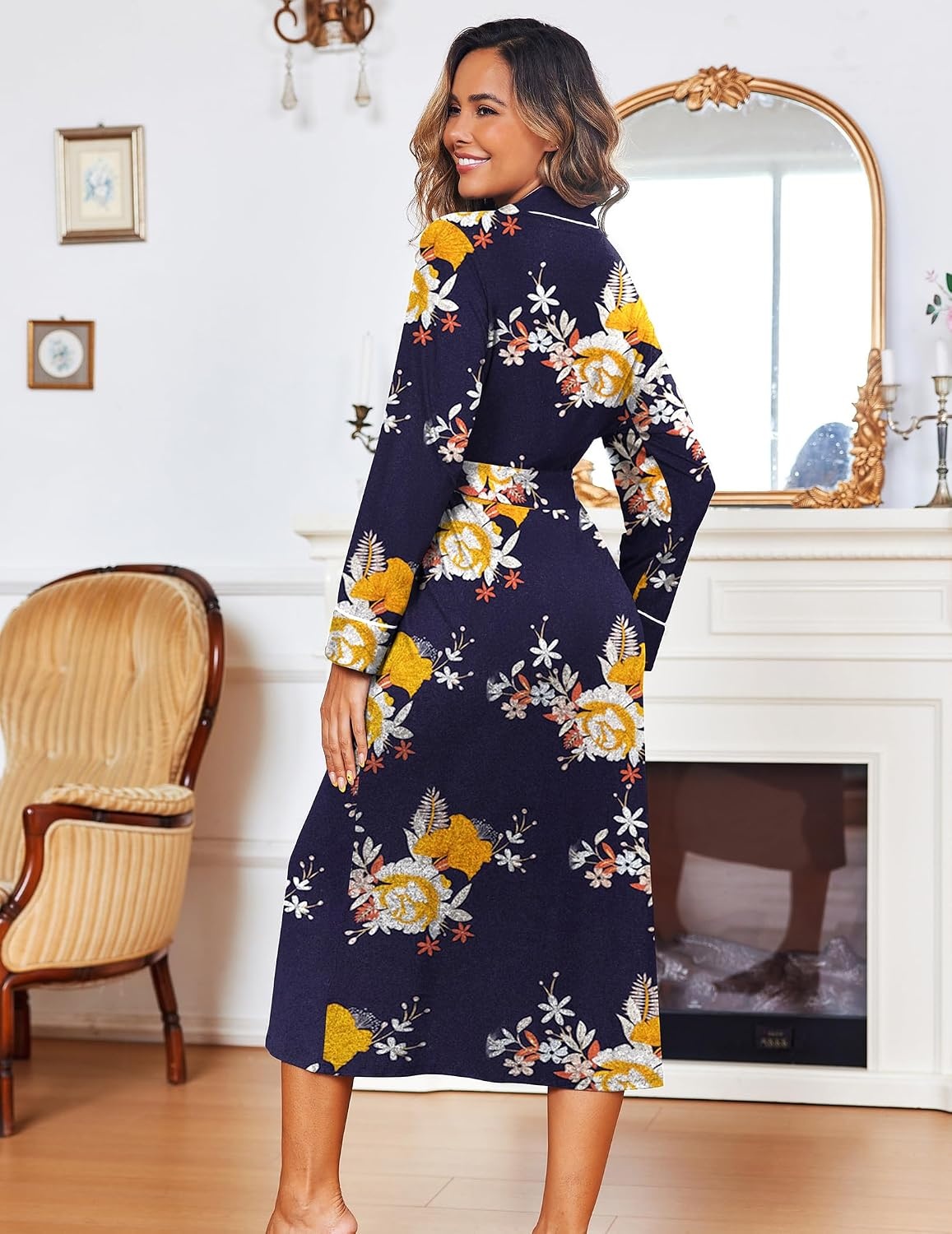image:imageEkouaer Women Kimono Robes Full Length Knit Bathrobe Lightweight SleepwearFloral Deep Blue