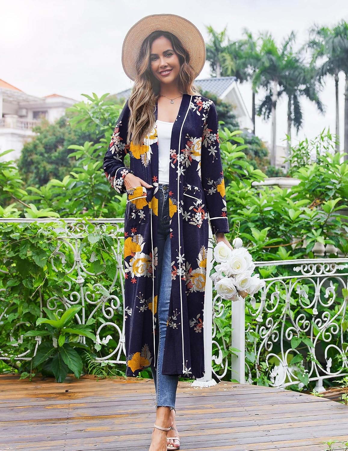 image:imageEkouaer Women Kimono Robes Full Length Knit Bathrobe Lightweight SleepwearFloral Deep Blue
