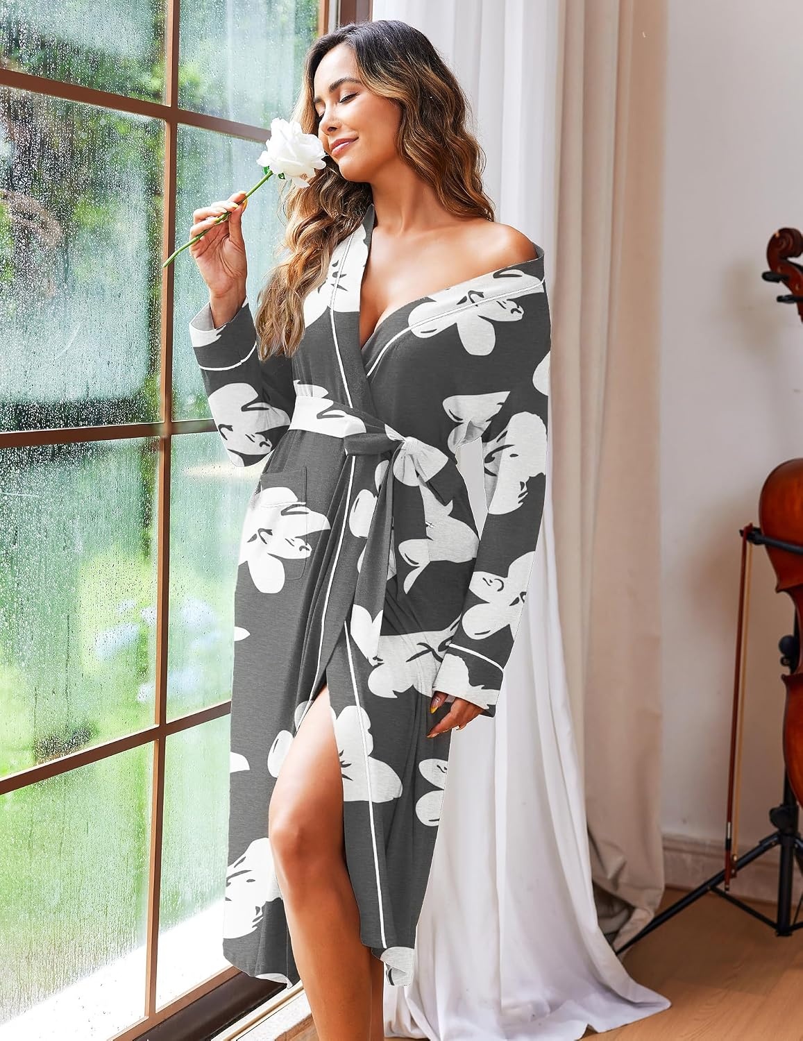 image:imageEkouaer Women Kimono Robes Full Length Knit Bathrobe Lightweight SleepwearFloral Gray