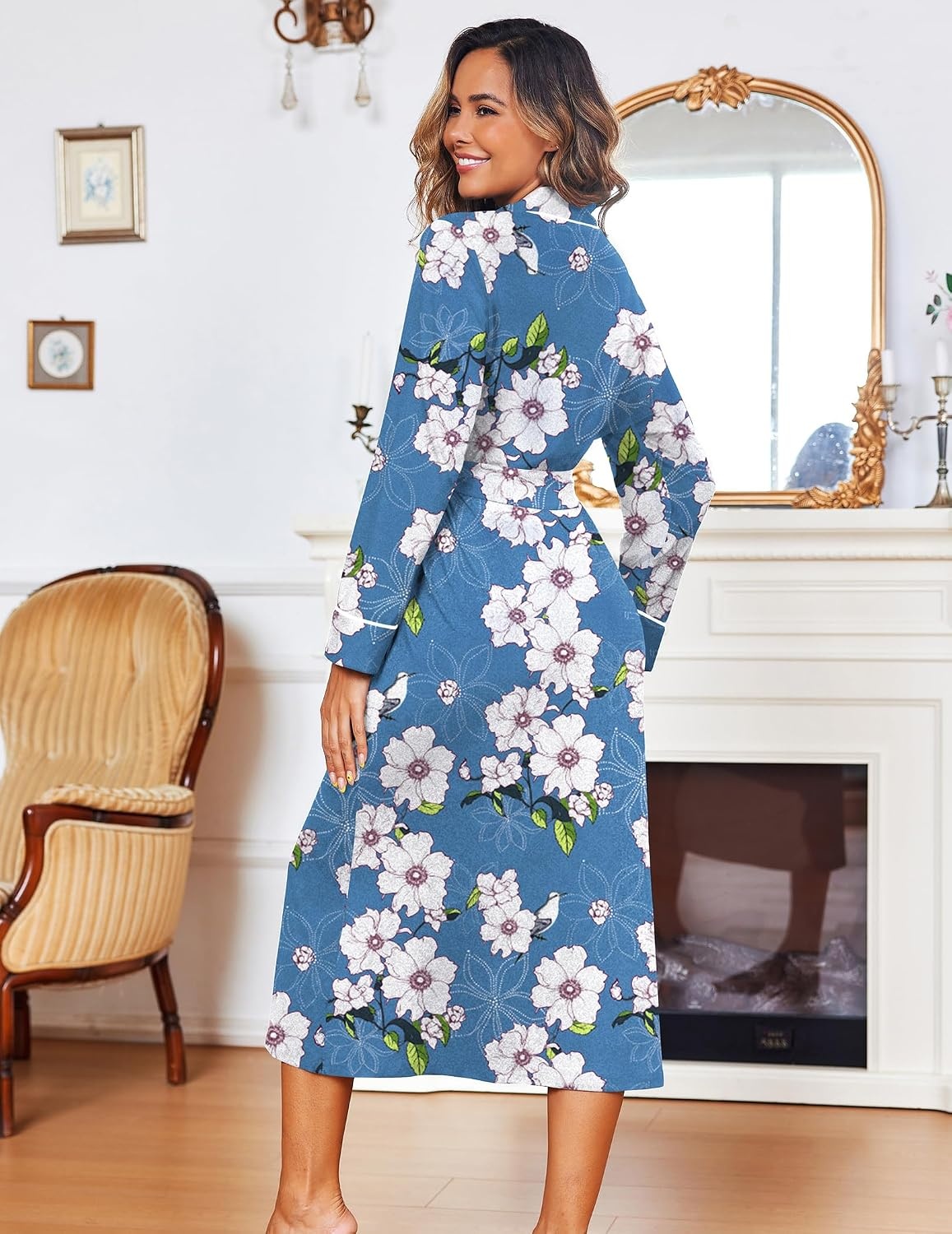 image:imageEkouaer Women Kimono Robes Full Length Knit Bathrobe Lightweight SleepwearFloral Light Blue
