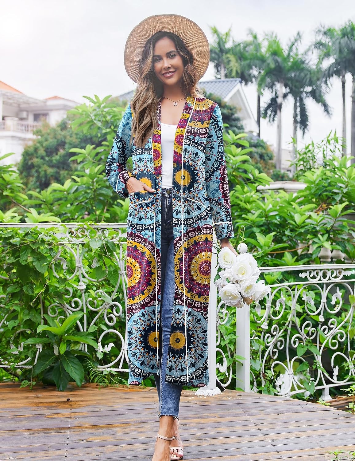 image:imageEkouaer Women Kimono Robes Full Length Knit Bathrobe Lightweight SleepwearFloral Mandala Blue