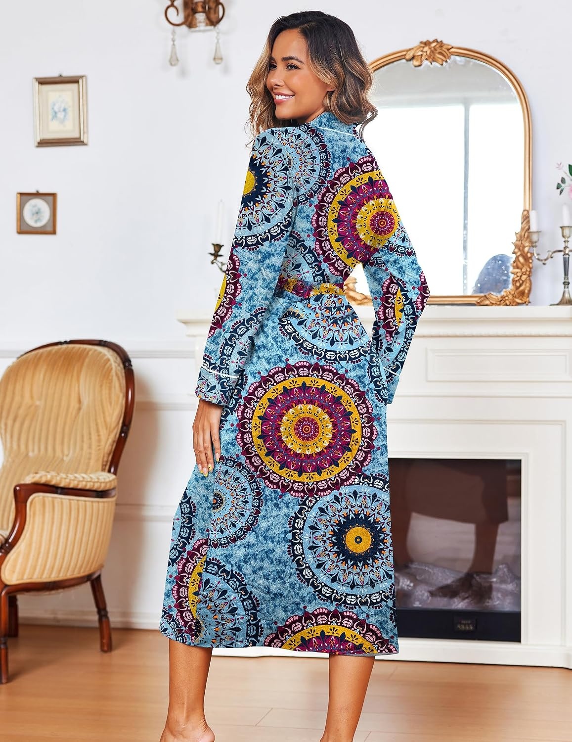 image:imageEkouaer Women Kimono Robes Full Length Knit Bathrobe Lightweight SleepwearFloral Mandala Blue