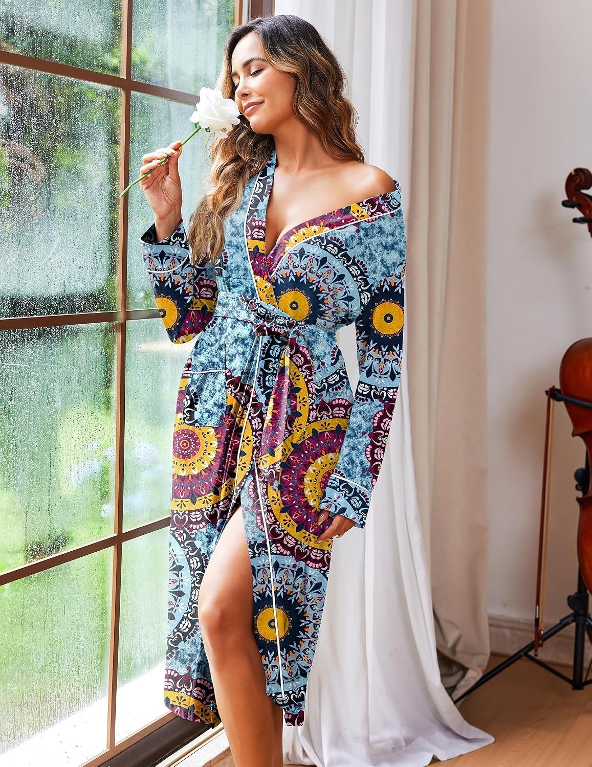 image:imageEkouaer Women Kimono Robes Full Length Knit Bathrobe Lightweight SleepwearFloral Mandala Blue