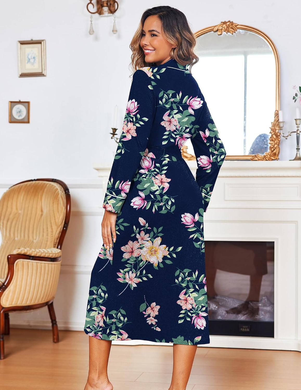 image:imageEkouaer Women Kimono Robes Full Length Knit Bathrobe Lightweight SleepwearFloral Navy