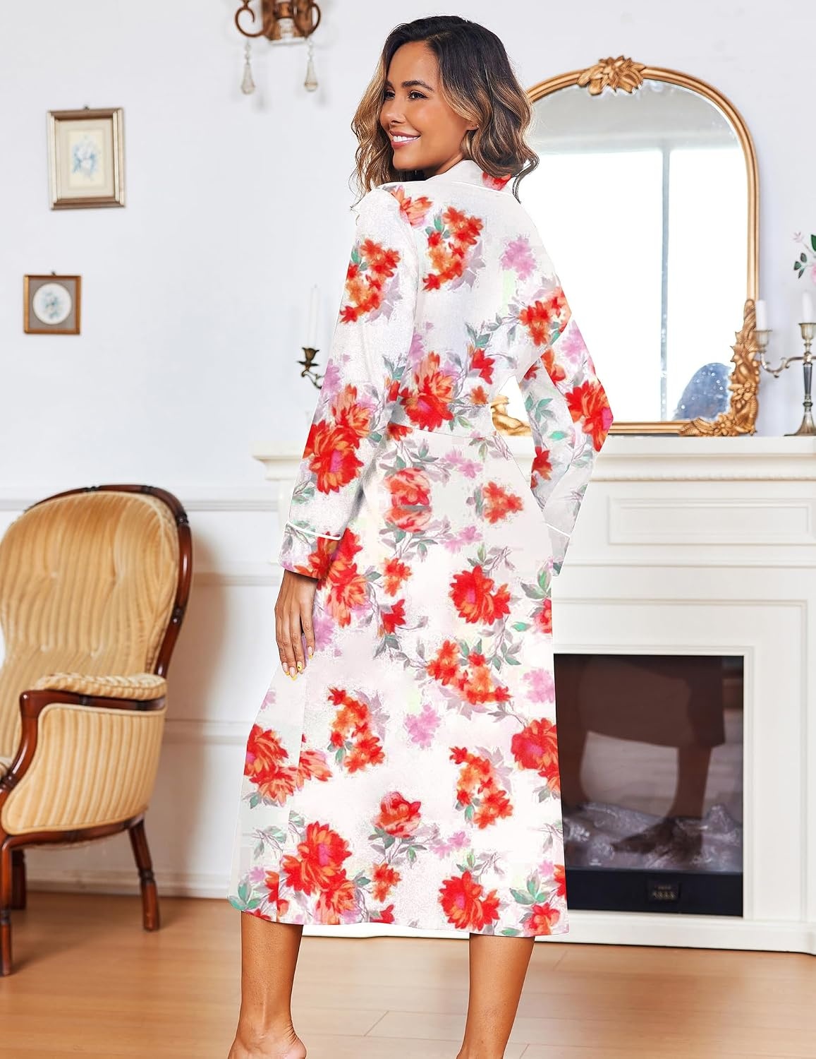 image:imageEkouaer Women Kimono Robes Full Length Knit Bathrobe Lightweight SleepwearFloral White