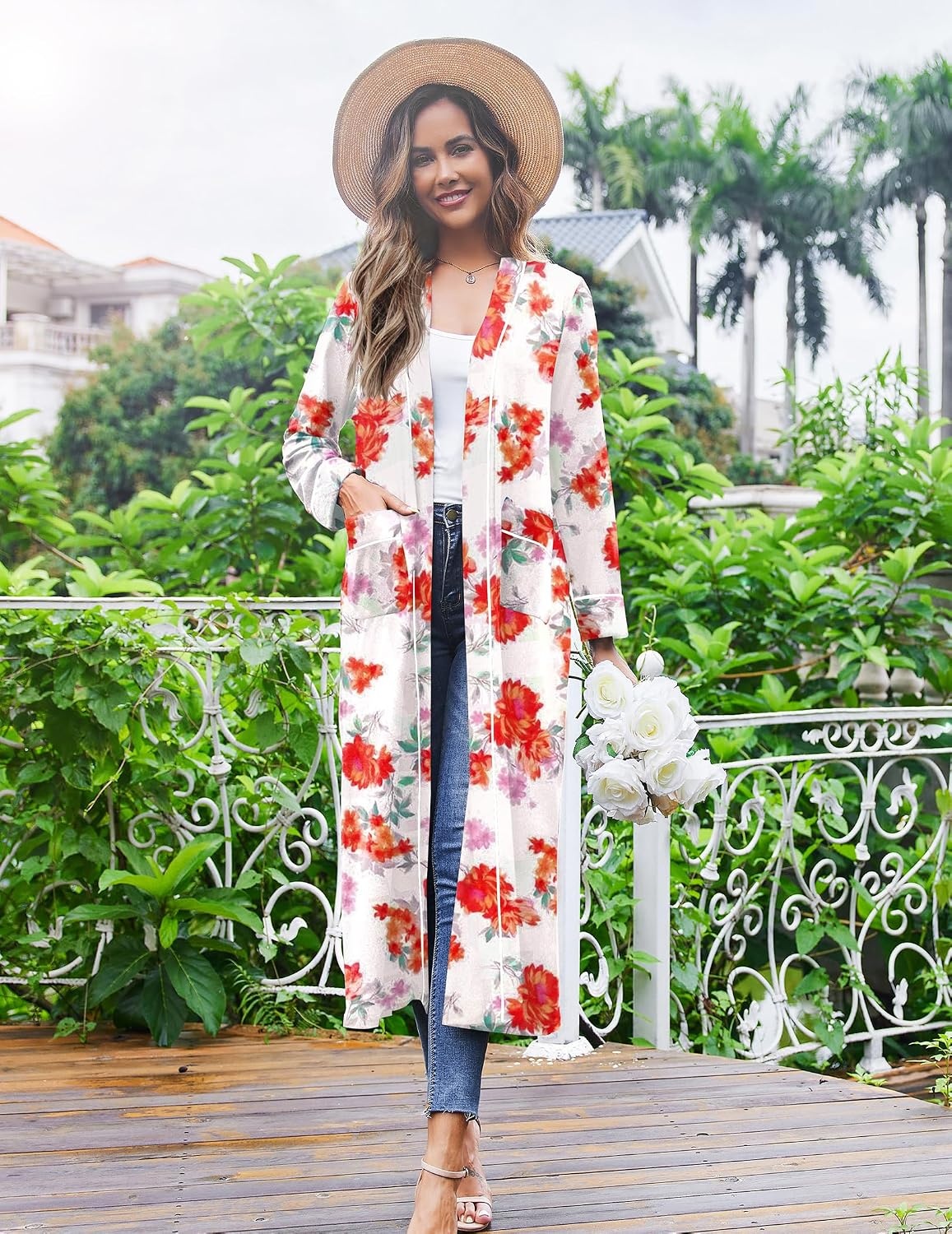 image:imageEkouaer Women Kimono Robes Full Length Knit Bathrobe Lightweight SleepwearFloral White