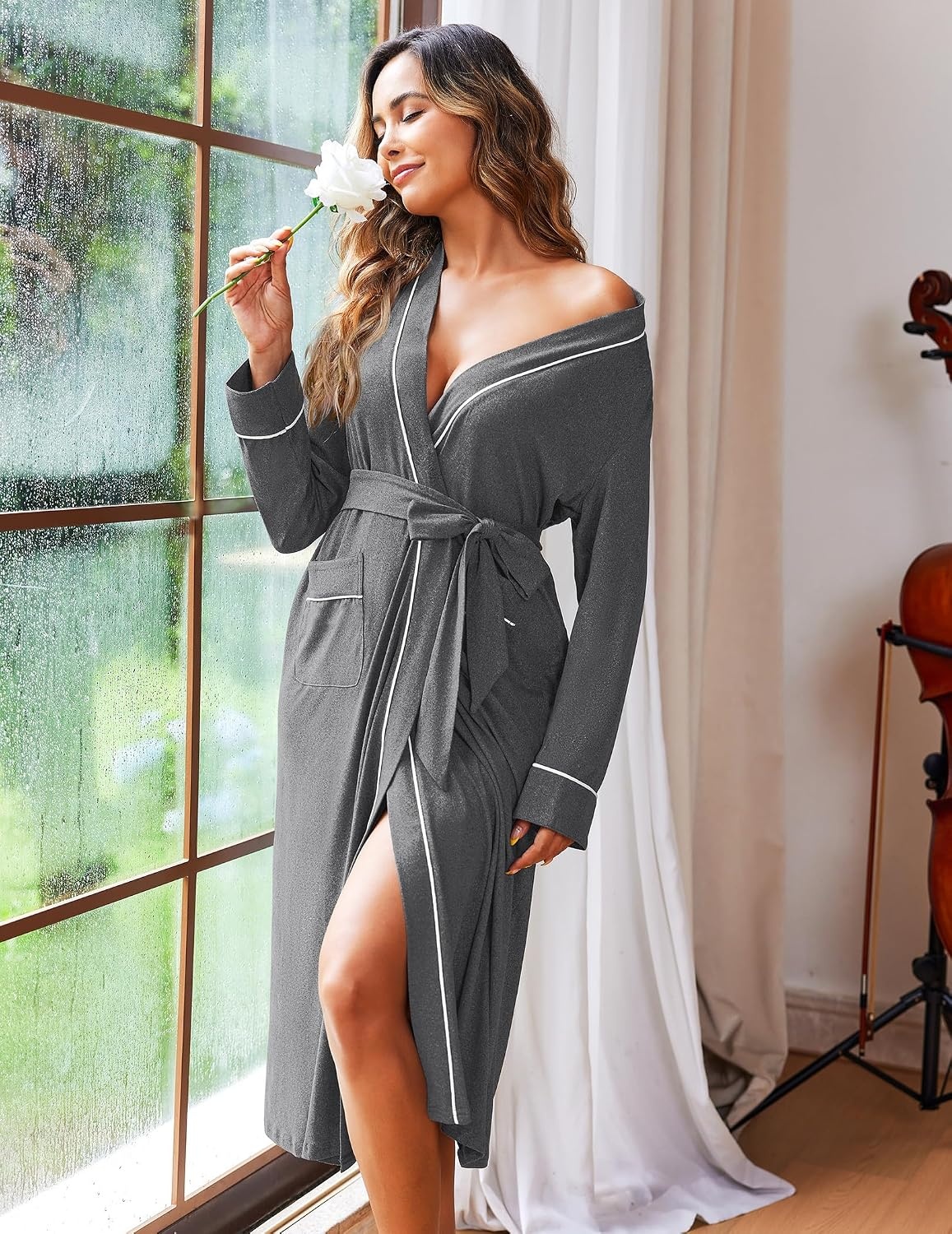 image:imageEkouaer Women Kimono Robes Full Length Knit Bathrobe Lightweight SleepwearMedium Gray