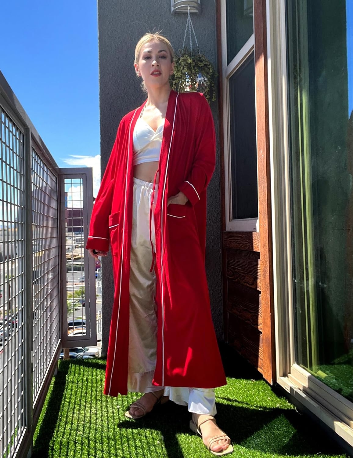 image:imageEkouaer Women Kimono Robes Full Length Knit Bathrobe Lightweight SleepwearRed