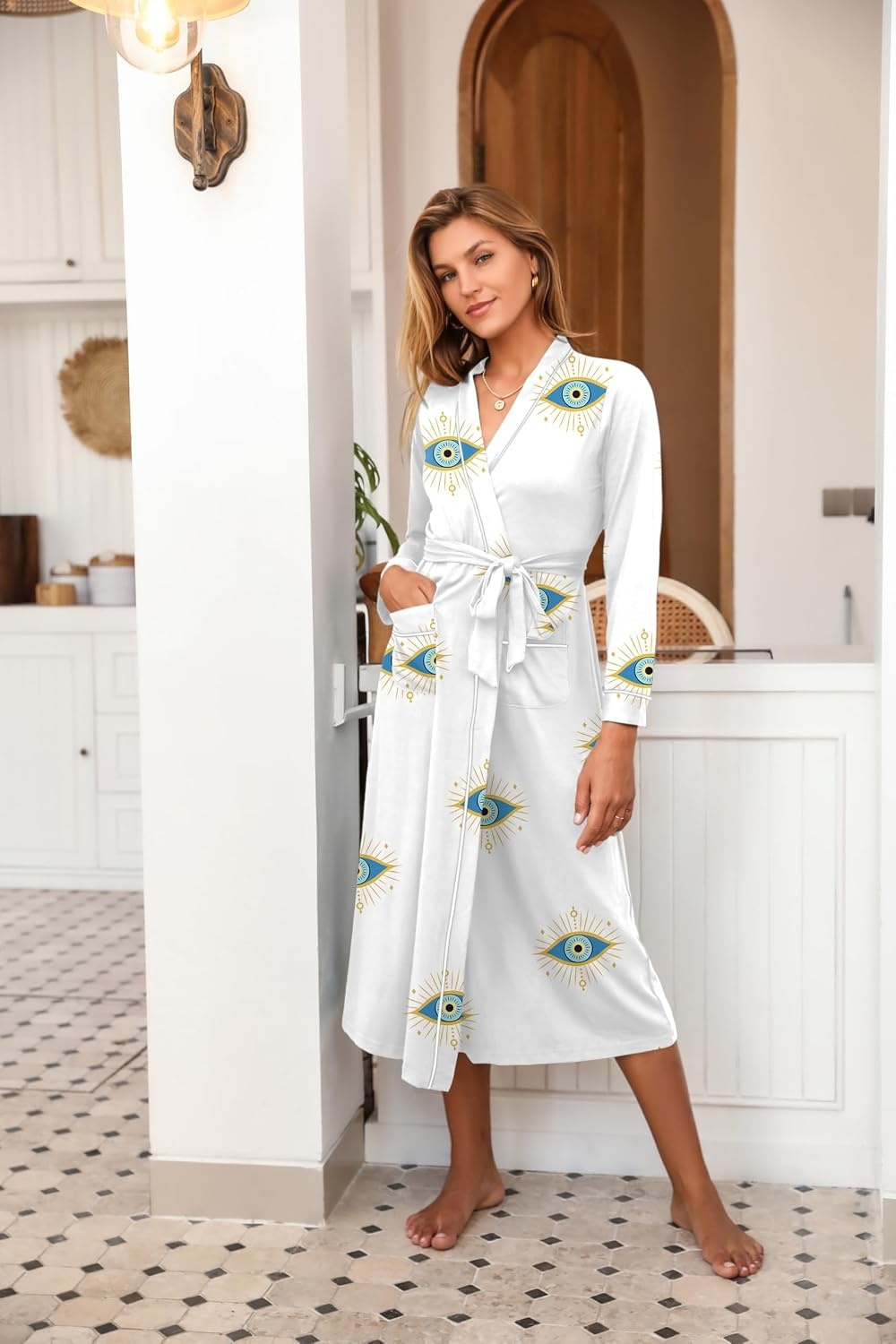 image:imageEkouaer Women Kimono Robes Full Length Knit Bathrobe Lightweight SleepwearWhite Evil Eye