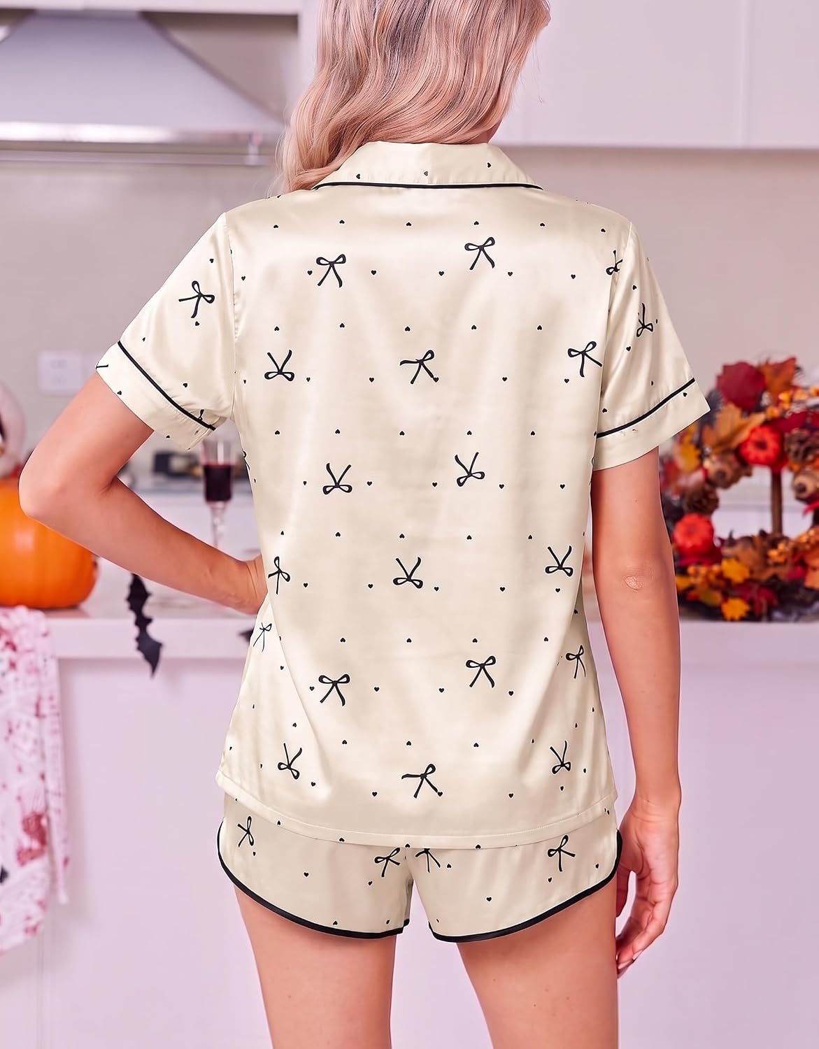image:imageEkouaer Womens Satin Pajama Set Silk Pj Short Sets 2 Piece Loungewear S5XLBeige With Black Bow