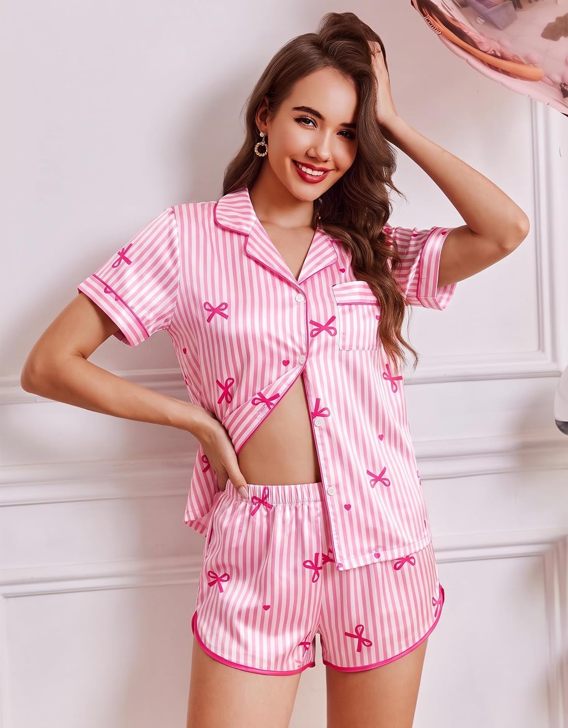 image:imageEkouaer Womens Satin Pajama Set Silk Pj Short Sets 2 Piece Loungewear S5XLPink Bow Stripe