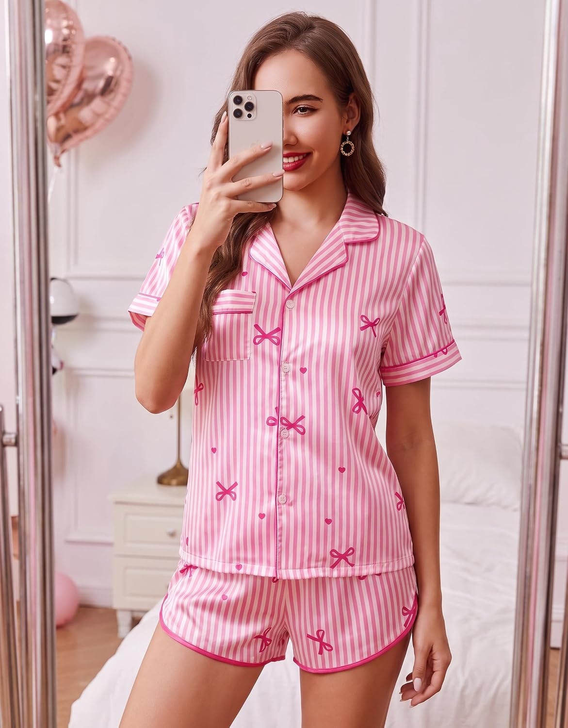 image:imageEkouaer Womens Satin Pajama Set Silk Pj Short Sets 2 Piece Loungewear S5XLPink Bow Stripe