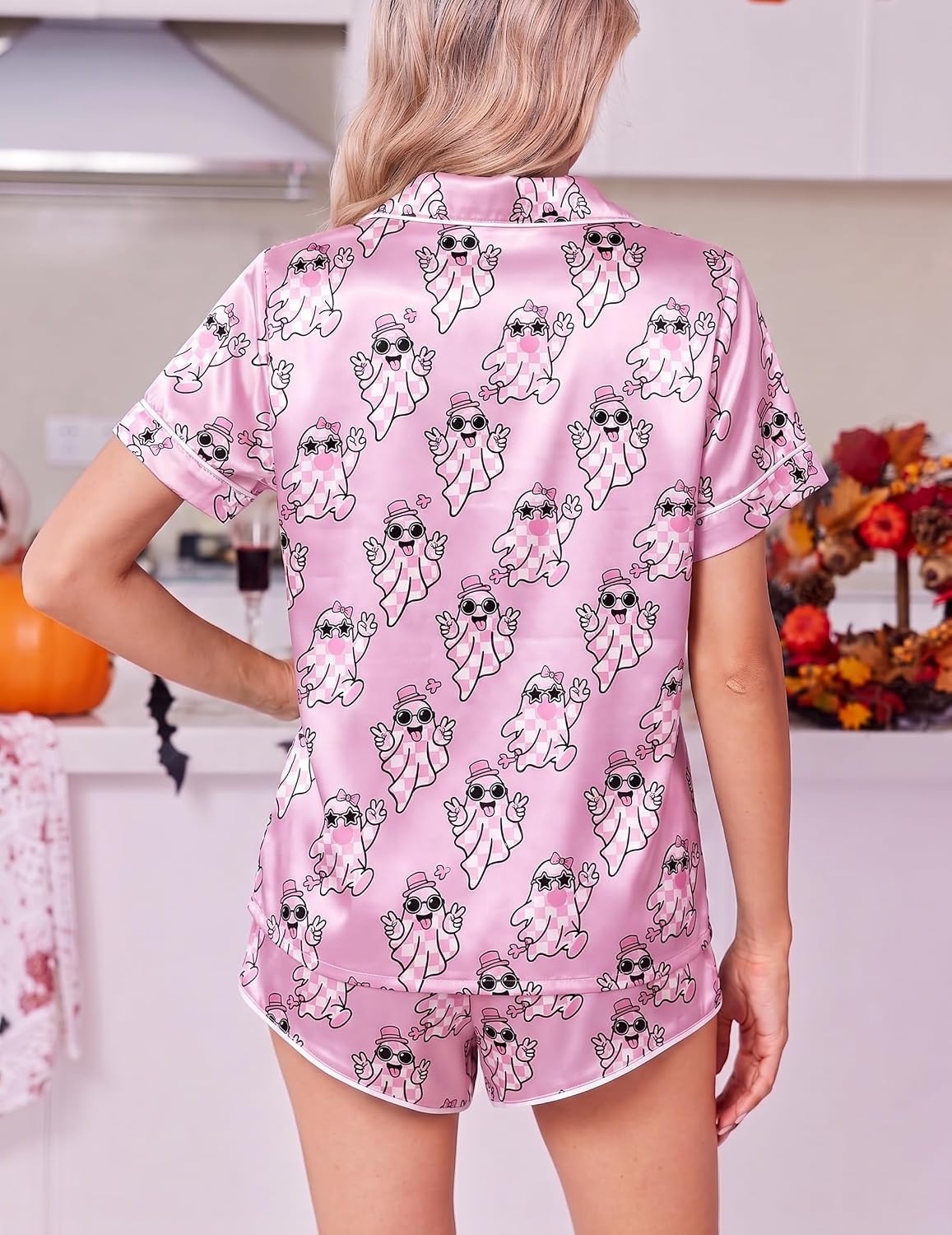 image:imageEkouaer Womens Satin Pajama Set Silk Pj Short Sets 2 Piece Loungewear S5XLPink Halloween Ghost
