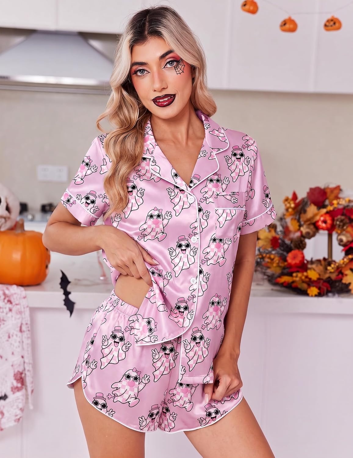 image:imageEkouaer Womens Satin Pajama Set Silk Pj Short Sets 2 Piece Loungewear S5XLPink Halloween Ghost