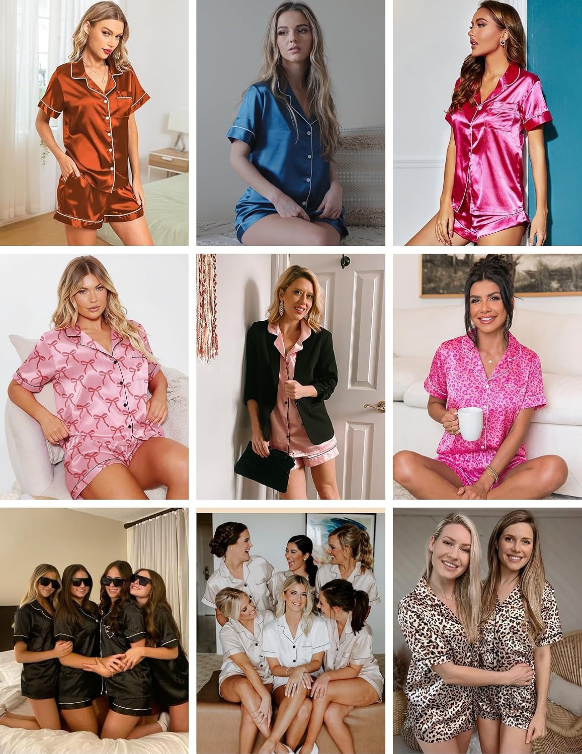 image:imageEkouaer Womens Silk Satin Pajama Sets Soft Short Sleeve Button Up SleepwearWhite Blue Seashells