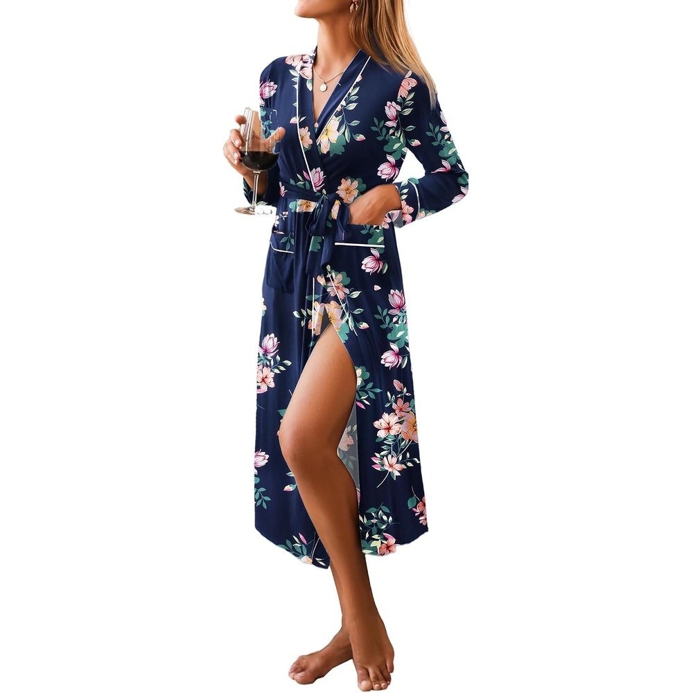 image:imageEkouaer Women Kimono Robes Full Length Knit Bathrobe Lightweight SleepwearFloral Navy