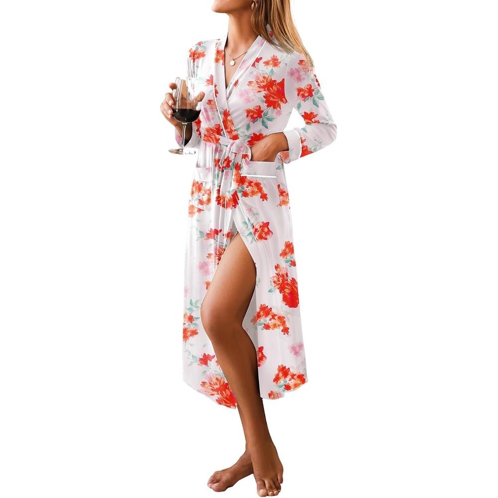 image:imageEkouaer Women Kimono Robes Full Length Knit Bathrobe Lightweight SleepwearFloral White