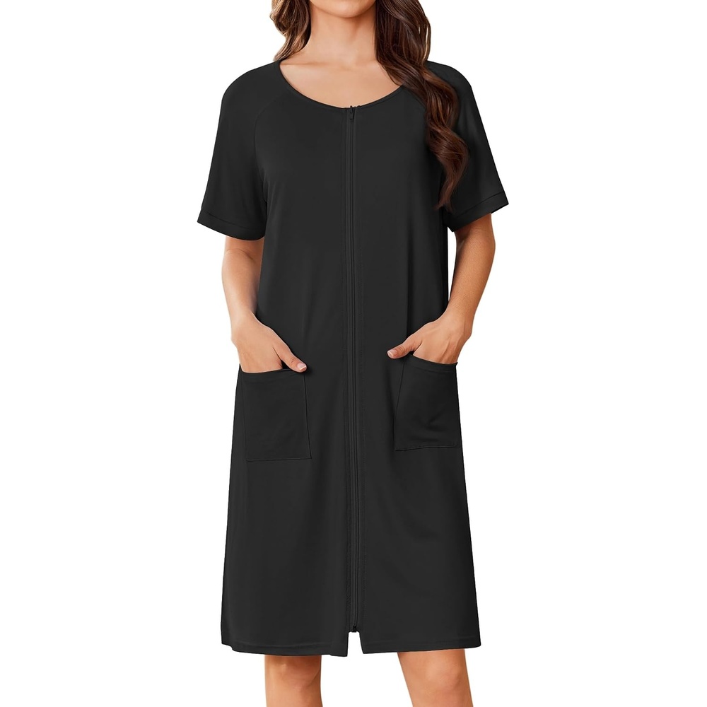 image:imageEkouaer Women Zip Up Robe Bathrobe Lightweight House Coats with PocketsBlack