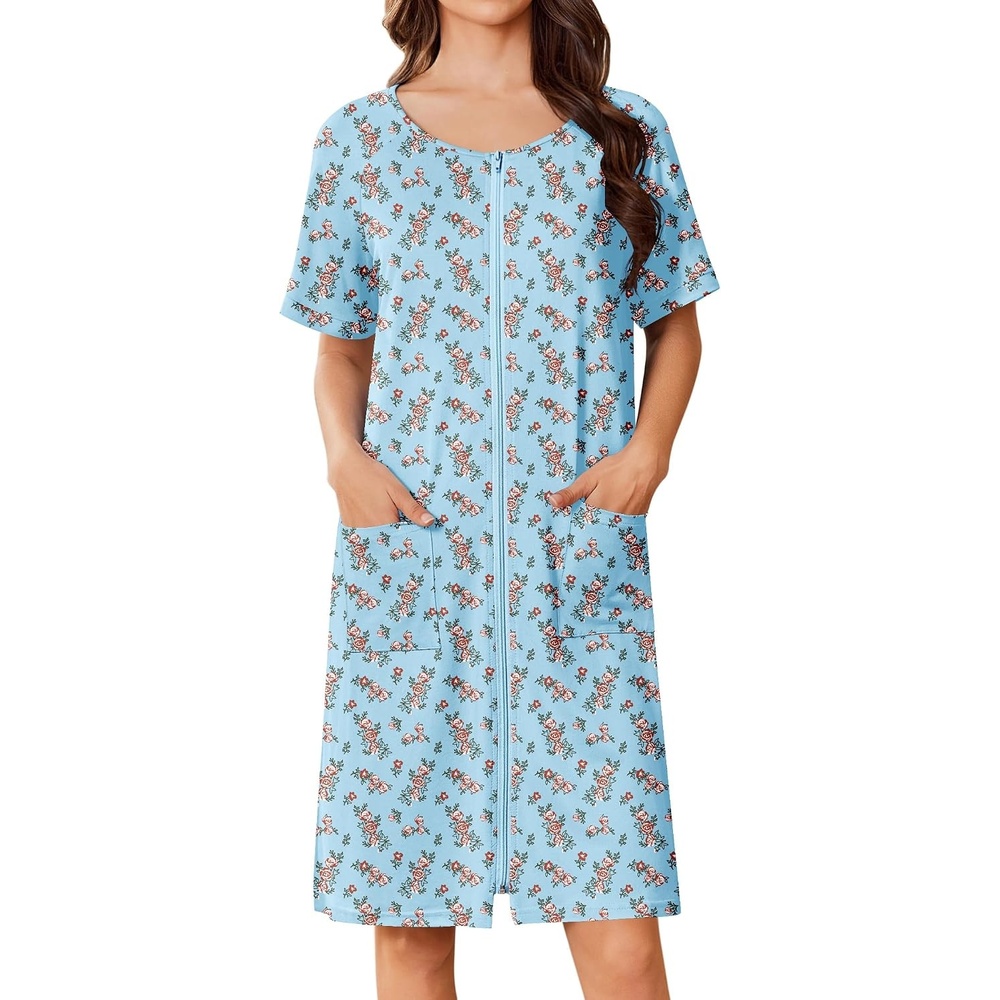 image:imageEkouaer Women Zip Up Robe Bathrobe Lightweight House Coats with PocketsBlue Florals