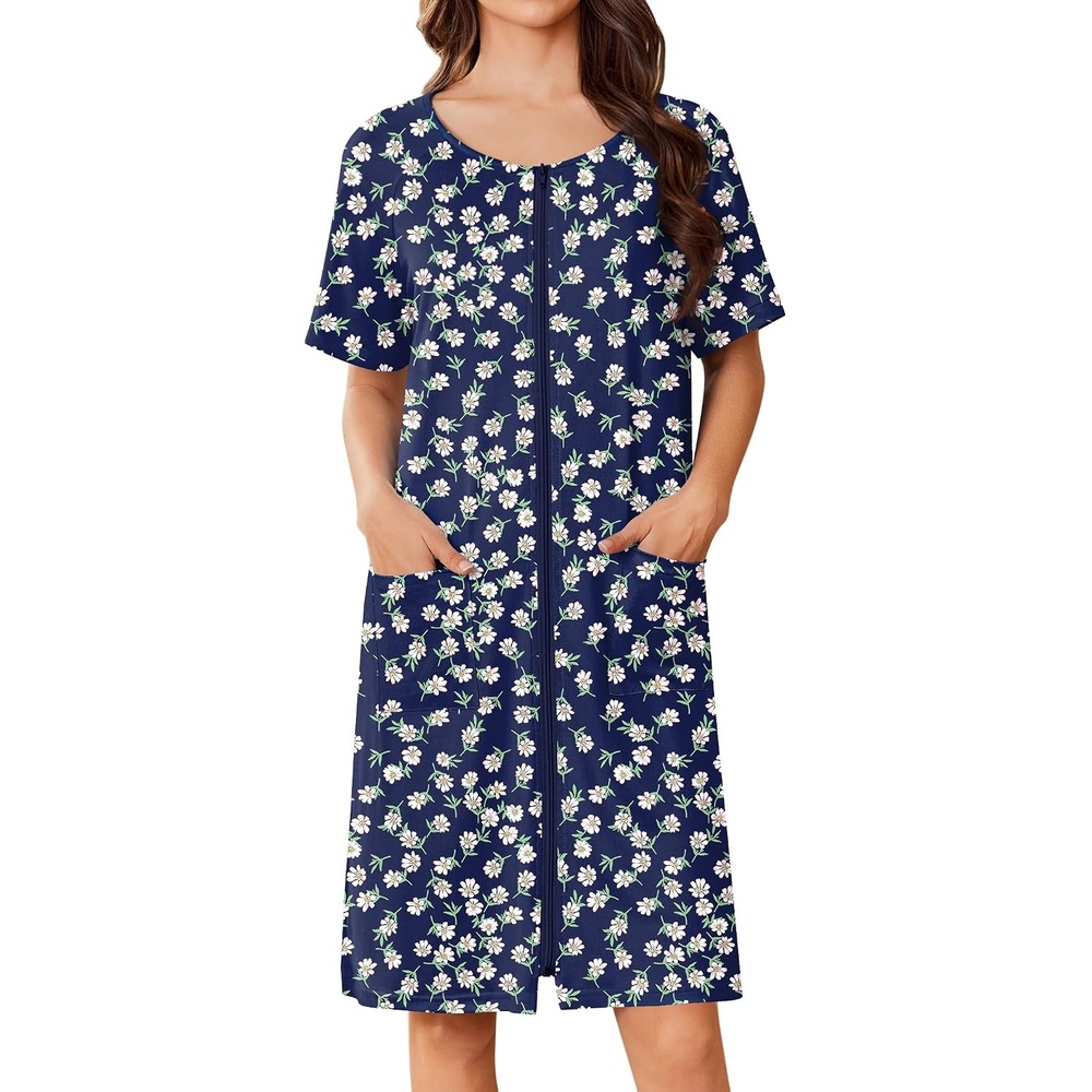 image:imageEkouaer Women Zip Up Robe Bathrobe Lightweight House Coats with PocketsNavy Floral