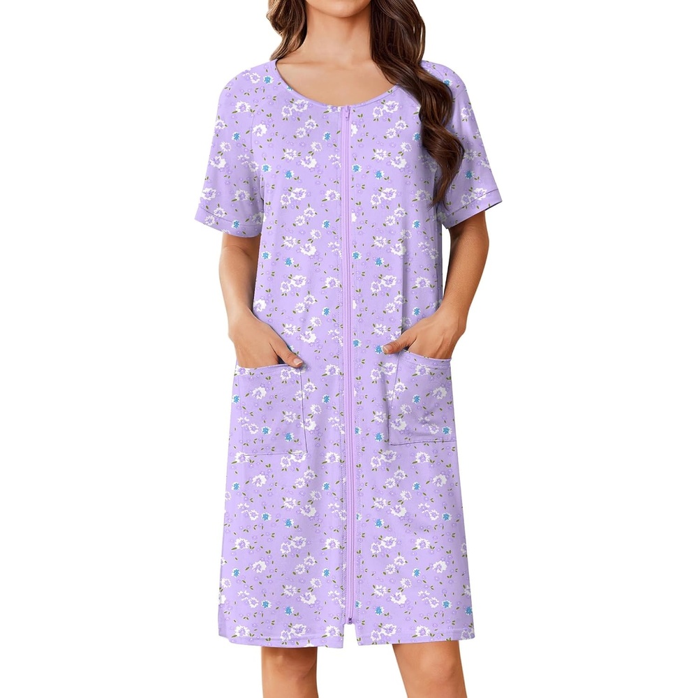 image:imageEkouaer Women Zip Up Robe Bathrobe Lightweight House Coats with PocketsPurple Floral